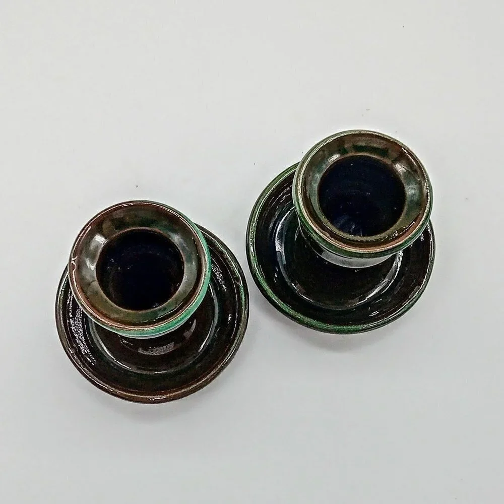 Green Glazed Red Clay Pottery Candle Holders (2)